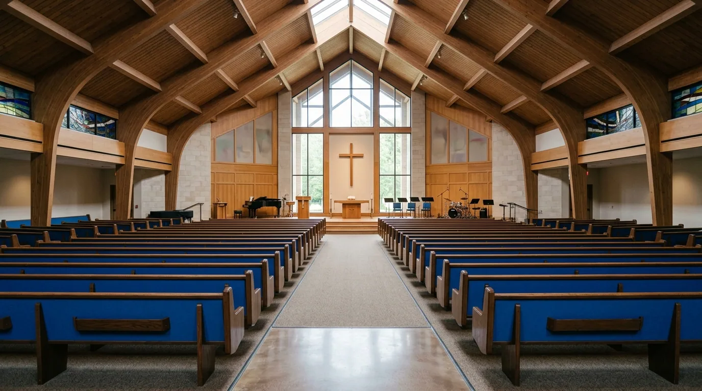 The finished result of professional church pew restoration: the completed work looking clean, — Knoxville, TN