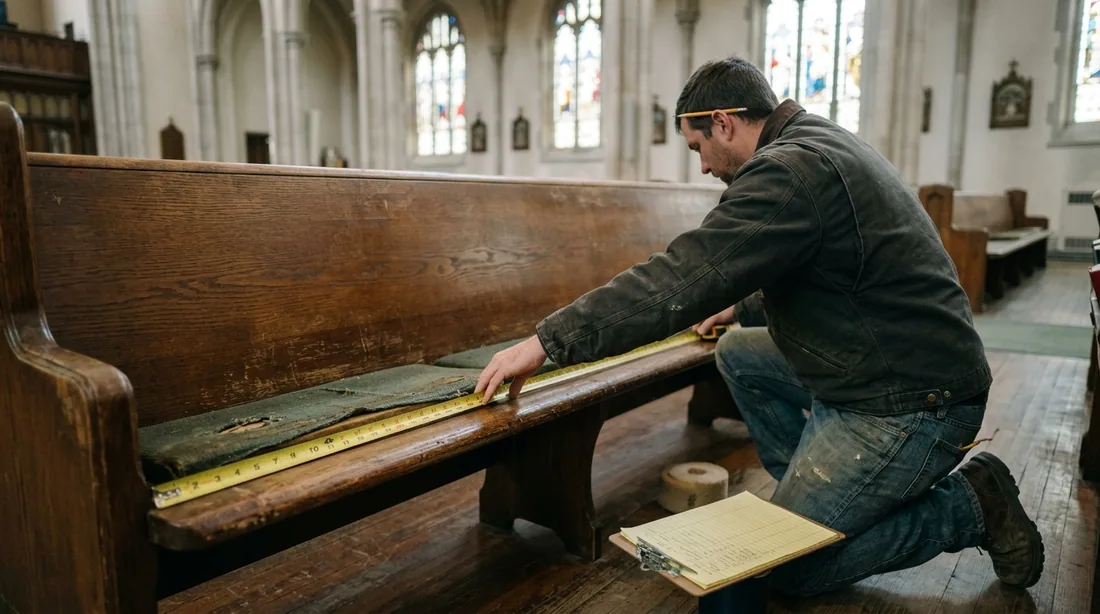 Total linear footage of seating, pew count, existing padding condition and wood condition — Knoxville, TN