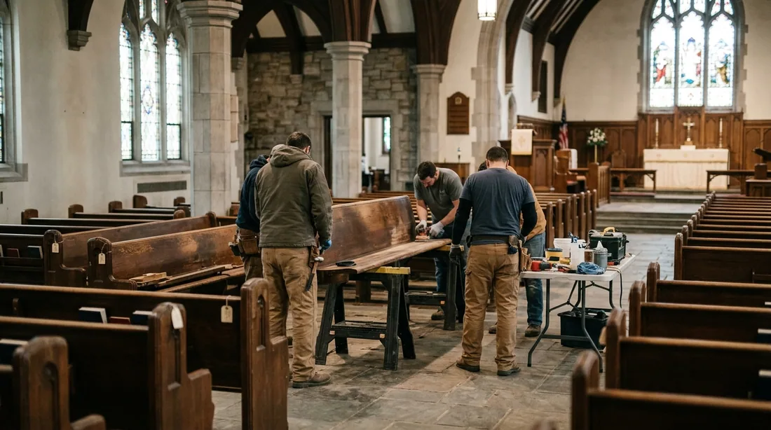 A small professional crew working on a church pew restoration job at a property, seen from behind — Knoxville, TN