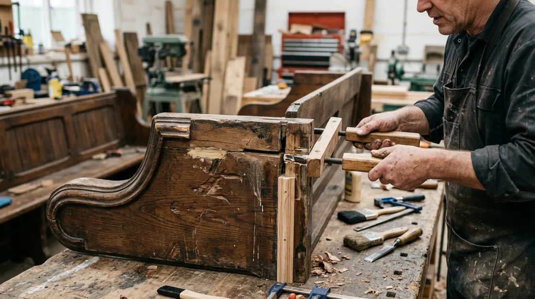 Loose joints tightened, cracked pew ends repaired, missing trim replaced, and gouges filled — Knoxville, TN